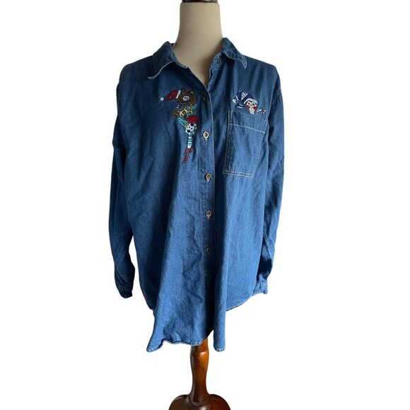 Vintage Women's Christmas ELF & Toys Long Sleeve Denim Jean Shirt Size XL Cotton - Picture 4 of 9
